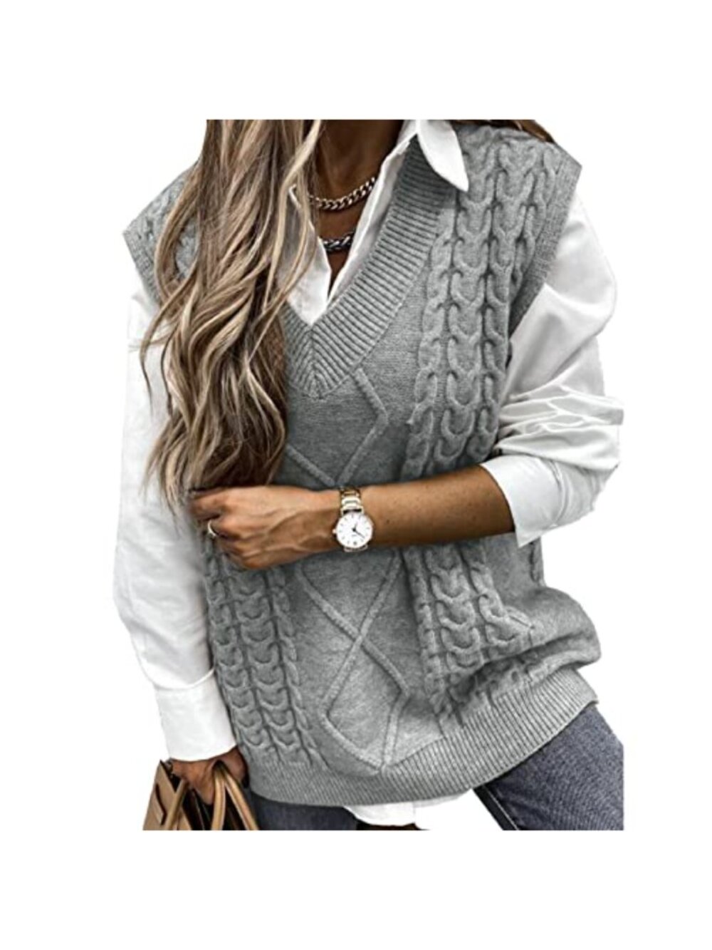 Women's V-Neck Sleeveless Cable Knit Sweater Vest Oversized Casual Pullover